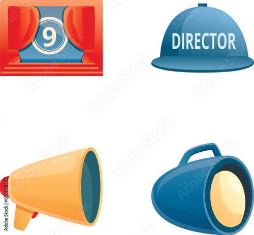 Filming icons set cartoon vector. Film making equipment. Movie production