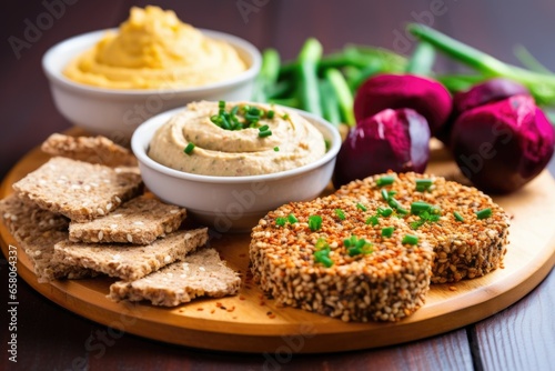 whole grain bread with falafel and dollops of hummus