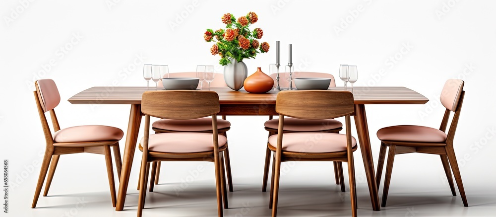 Wooden and fabric kitchen dining table isolated on a white background
