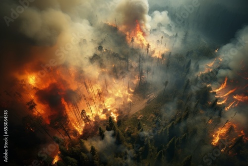 Generative AI problem of forest fires, climate change and global warming. Aerial view. Destroyed trees and hectares of scorched earth in fire and smoke. Wildfire © Nikolai