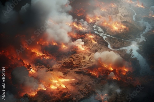 Generative AI problem of forest fires, climate change and global warming. Aerial view. Destroyed trees and hectares of scorched earth in fire and smoke. Wildfire