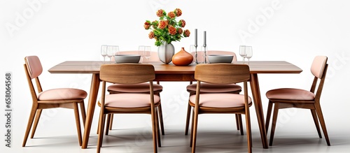 Wooden and fabric kitchen dining table isolated on a white background