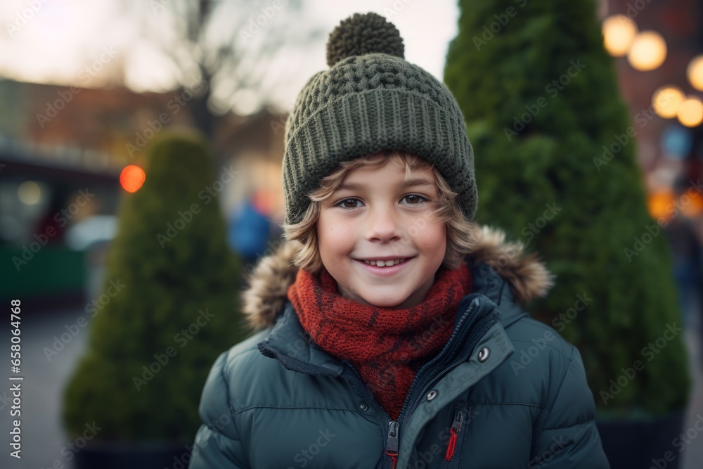 Portrait of a smiling boy in a warm hat and scarf on the street. Portrait of a smiling boy in a warm hat and scarf on the street.