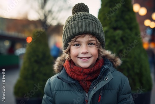 Portrait of a smiling boy in a warm hat and scarf on the street.