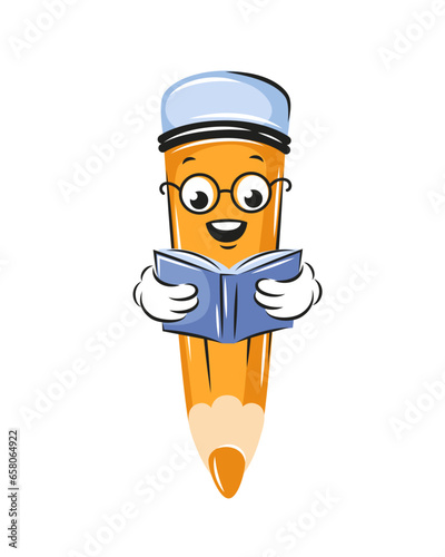 Сartoon pencil reading a book. Knowledge and education concept. Vector illustration stationery for children design or school.