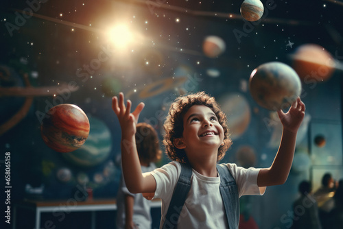 Little boy playing with planet in galaxy. dream of astronaut.