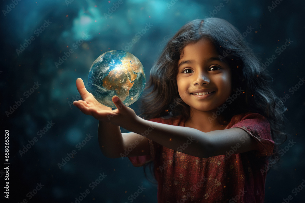 Naklejka premium Little girl child playing with planet in galaxy. dream of astronaut.