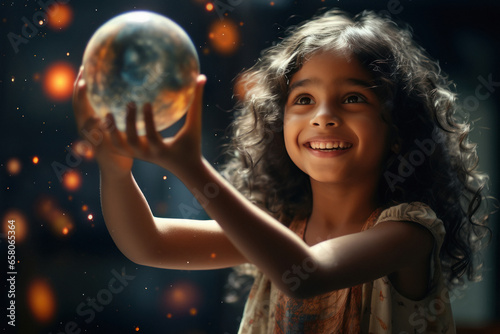 Little girl child playing with planet in galaxy. dream of astronaut.