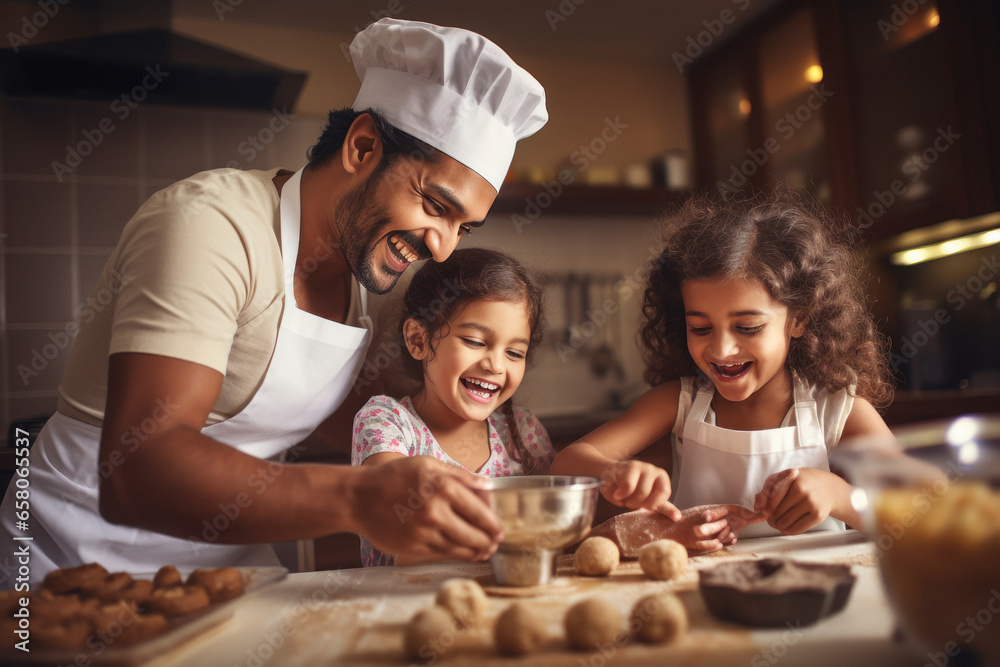Indian man making cookies with his lovely daughters at home - obrazy, fototapety, plakaty 