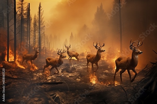 Generative AI problem of forest fires, climate change and global warming. Hell on earth. A herd of deer are trying to escape from the fire. Evacuation of wild animals. Wildfire. photo