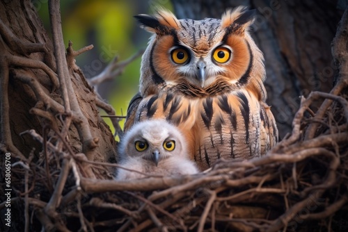 an owl with its owlet in a treetop nest