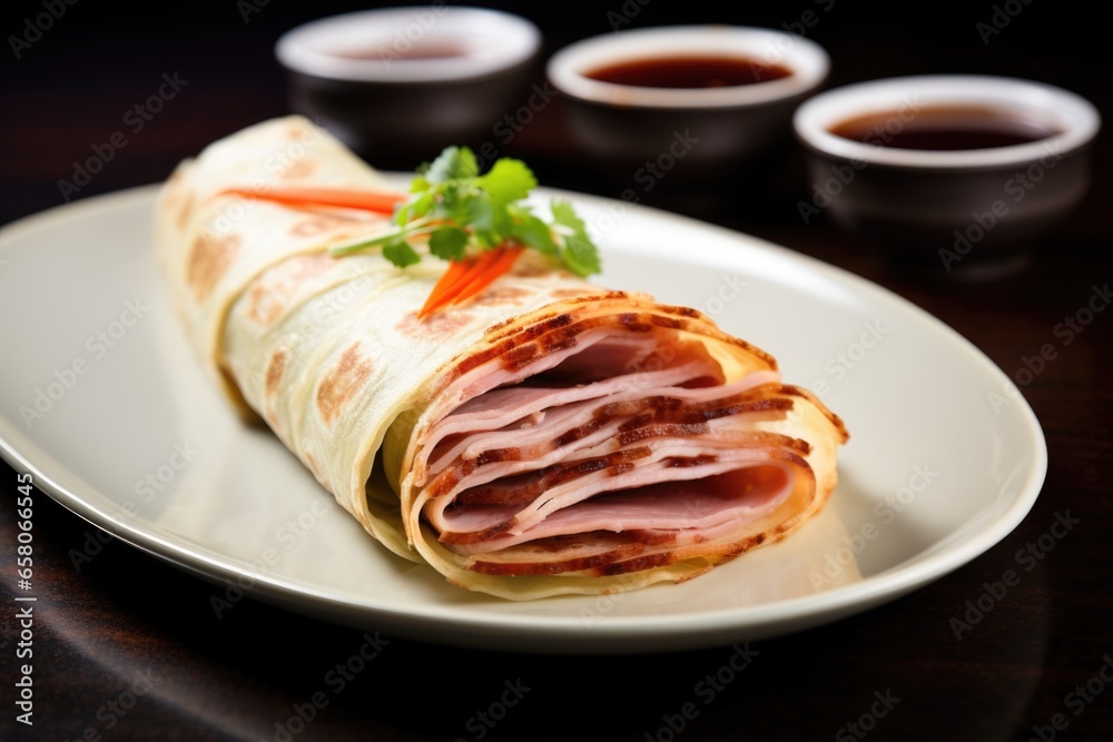 rolling peking duck in thin pancakes