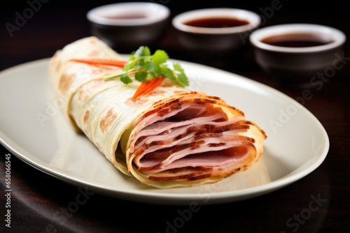 rolling peking duck in thin pancakes