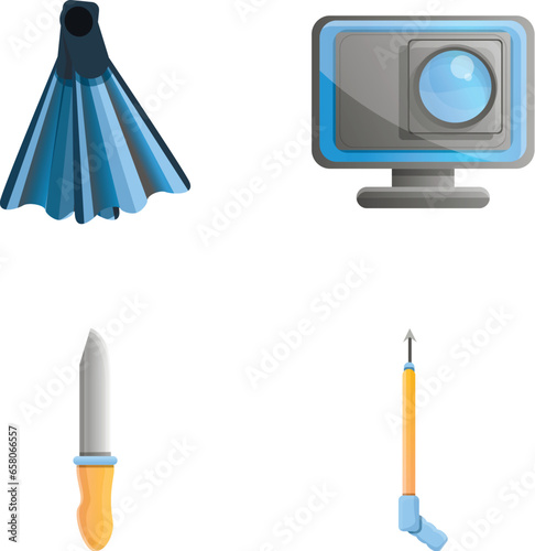 Spearfishing icons set cartoon vector. Underwater photo equipment. Underwater hunting