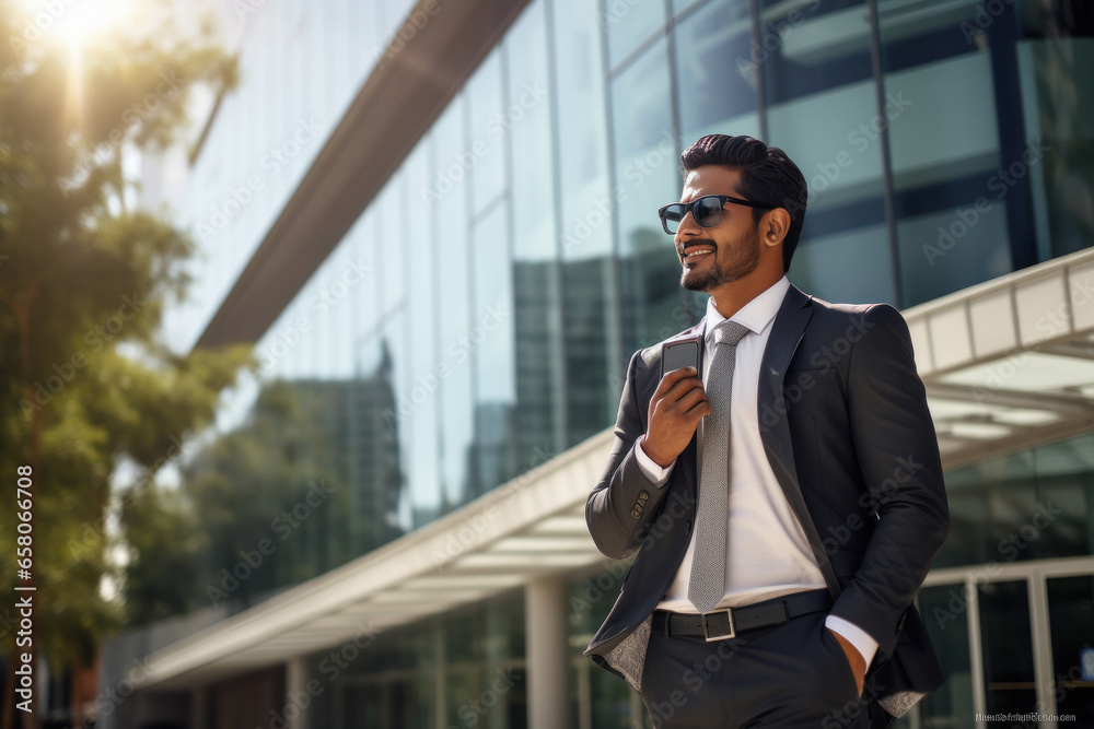 Young and confident businessman in suit, standing on city street. Young and confident businessman in suit, standing on city street.