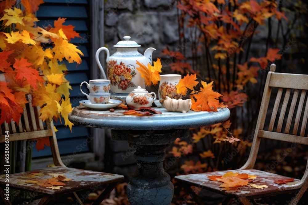 outdoor table set with ceramic tea set and autumn leaves outdoor table set with ceramic tea set and autumn leaves