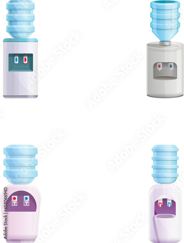 Water cooler icons set cartoon vector. Large water dispenser. Home and office equipment