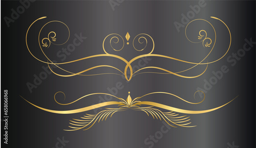 Decorative swirls dividers, old text delimiter, golden calligraphic swirl ornaments,  vintage divider