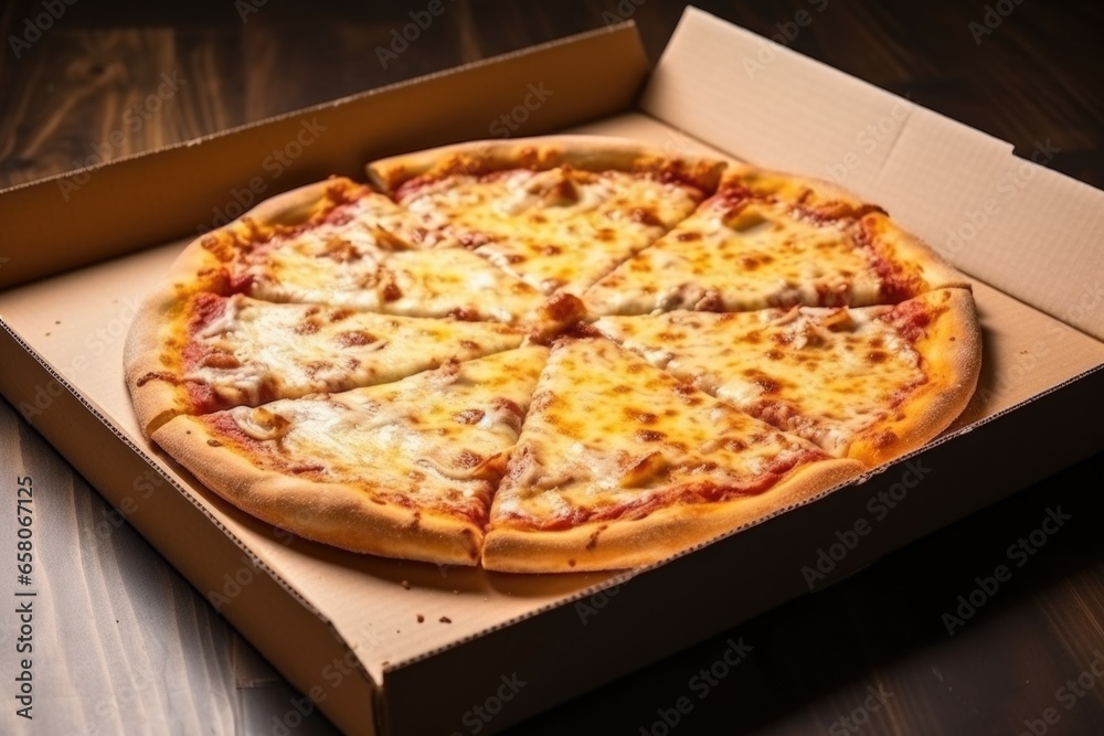 cheese pizza in a cardboard delivery box