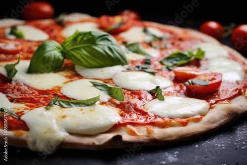 close-up of a margherita pizza with melted cheese