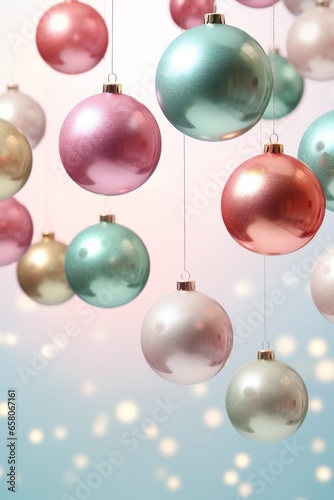 Christmas colorful baubles hanging on pastel with sparkle background vertical
