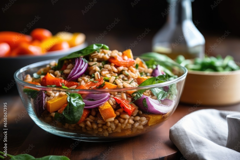 farro salad with roasted vegetables in a glass bowl