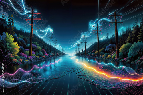A colorful wallpaper with neon lines and power line photo