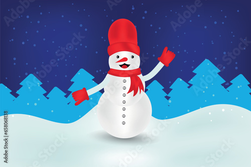 Winter landscape with funny Snowman, Christmas trees and snow