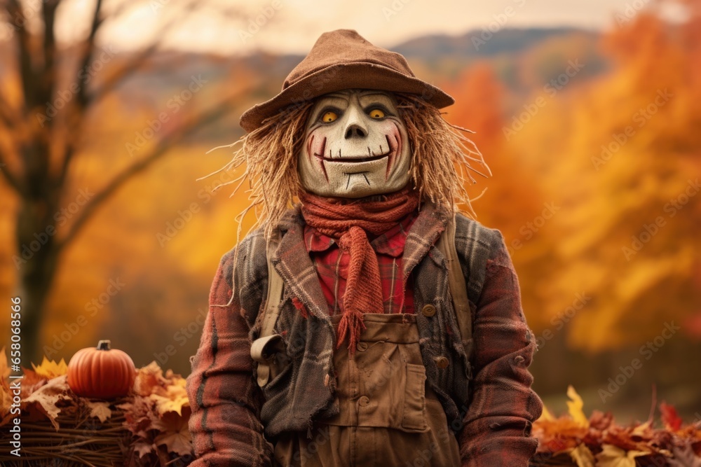 outdoor shot of a scarecrow amidst an autumnal backdrop