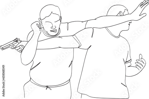 Vector Sketch Drawing: Fighter's Self Defense Techniques with Gun, Fighter's Self Defense: Gun Disarmament Training Illustration