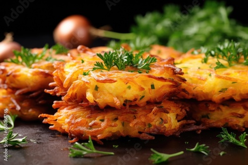close-up of freshly fried latkes with a sprig of parsley photo