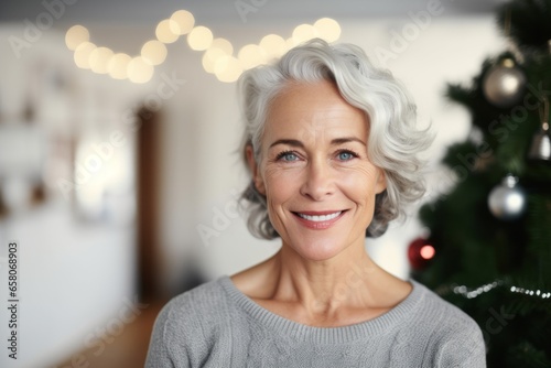Portrait of smiling senior woman at home with christmas tree in background