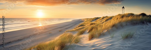 Golden sands and coastal bliss. Summer paradise. Seaside serenity. Sunset over coastal dunes. Nature beauty. Sandy beaches and clear blue skies © Thares2020