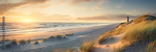 Golden sands and coastal bliss. Summer paradise. Seaside serenity. Sunset over coastal dunes. Nature beauty. Sandy beaches and clear blue skies photo