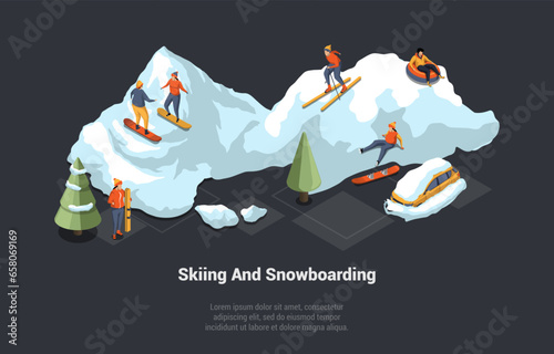 Concept Of Winter Holidays And Ski Resort Vacations. Luxury Ski Resort With Mountain Snowy Landscape And Snowy Car. People Snowboarding And Skiing Downhill . Isometric 3D Cartoon Vector Illustration