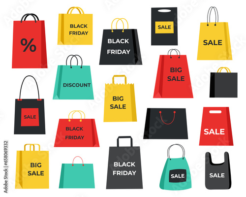 Black Friday concept. Sale concept. Shopping concept. Set of shopping bags on white background.	