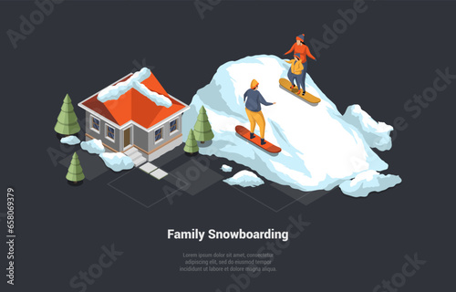 Winter Holidays And Family Vacations Concept. Luxury Ski Resort Hotel With Snowy Roof In The Mountains. Happy Family Snowboarding Downhill. Place For Winter Holidays. Isometric 3D Vector Illustration