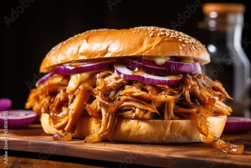 sandwich with pulled pork and caramelized onions in close-up