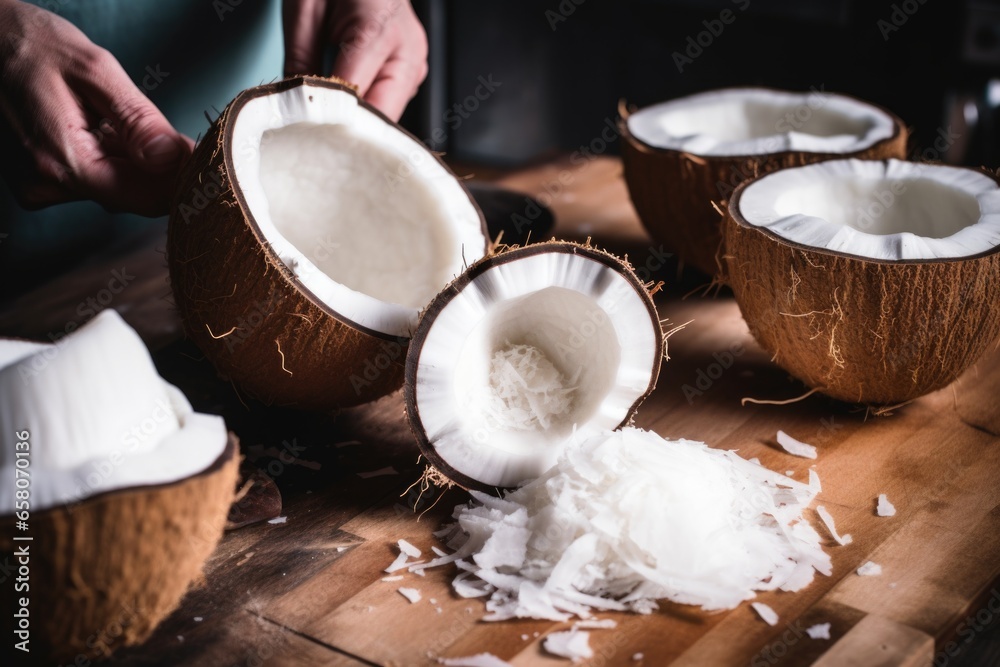 cracking open fresh coconuts to use in a raw vegan cake recipe - obrazy, fototapety, plakaty 