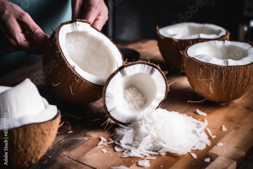 cracking open fresh coconuts to use in a raw vegan cake recipe