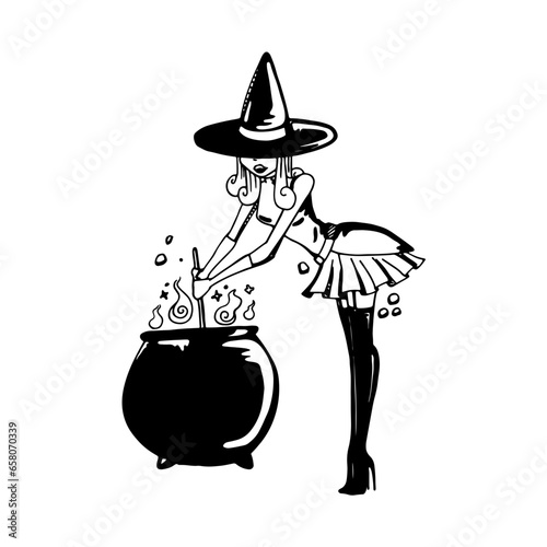 Black and white witch stirring cauldron illustration