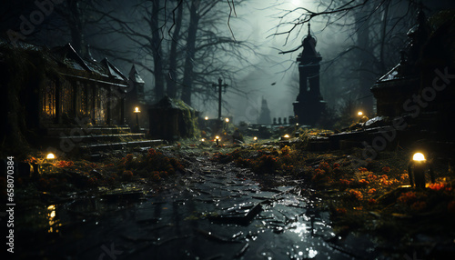Recreation of a dark and terrorific english cemetery a Halloween night
