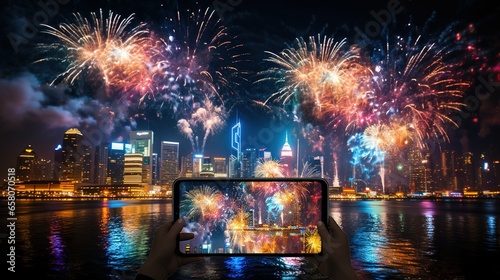 Digital Fireworks Bursting In A City Night Sky Vibrant