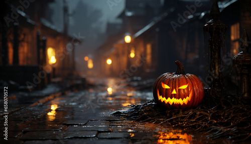 Terrorific recreation of a evil Jack o Lantern pumpkin in the street at night photo