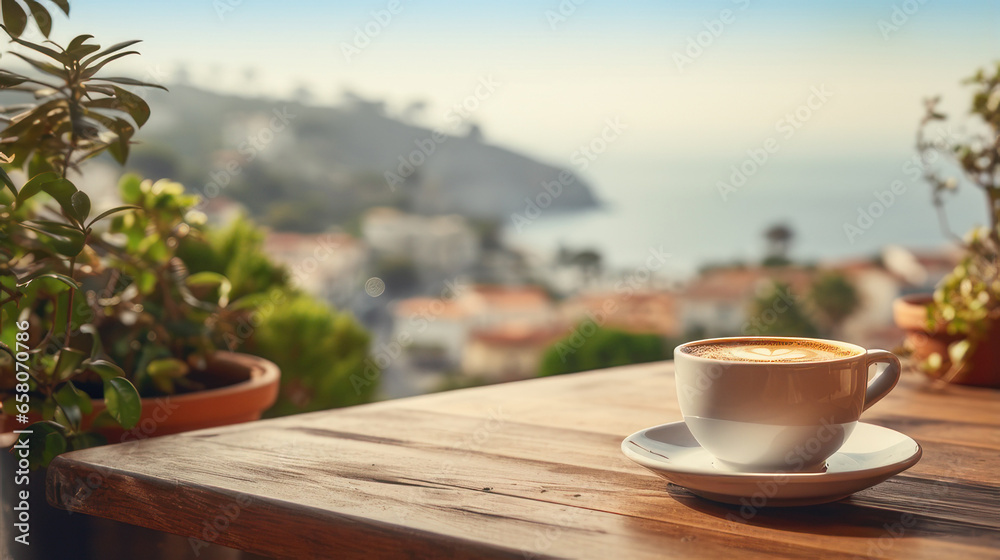 coffee cup on a wooden table in beautiful sea view, outdoor background - obrazy, fototapety, plakaty 