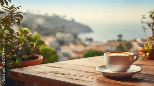 coffee cup on a wooden table in beautiful sea view, outdoor background