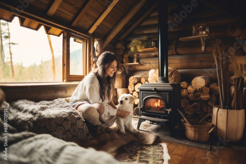 Fototapet Young woman sitting by the fireplace with a cute dog at cozy wooden cabin