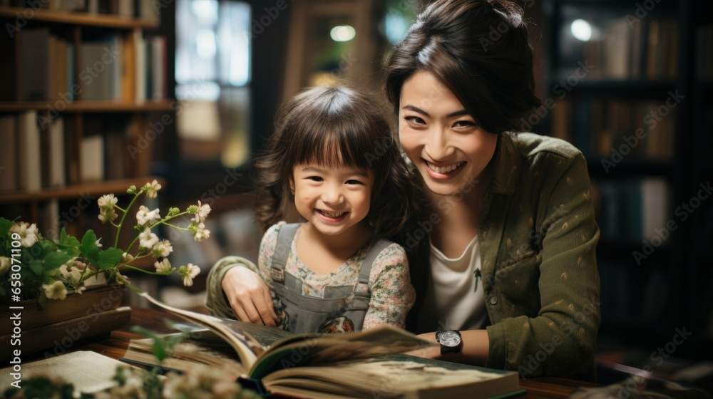 Asian mother and daughter are reading books and having fun moments Asian mother and daughter are reading books and having fun moments