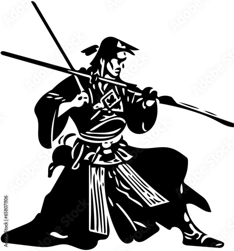 Black and white samurai vector illustration, logo design of a traditional Japanese warrior with katana sword 