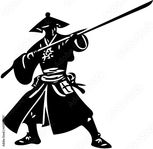 Black and white samurai vector illustration, logo design of a traditional Japanese warrior with katana sword 